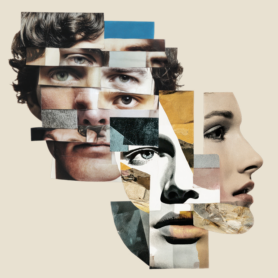 Collage zweier fragmentierter Gesichter – Metapher für unterbrochene Kommunikation im Team
